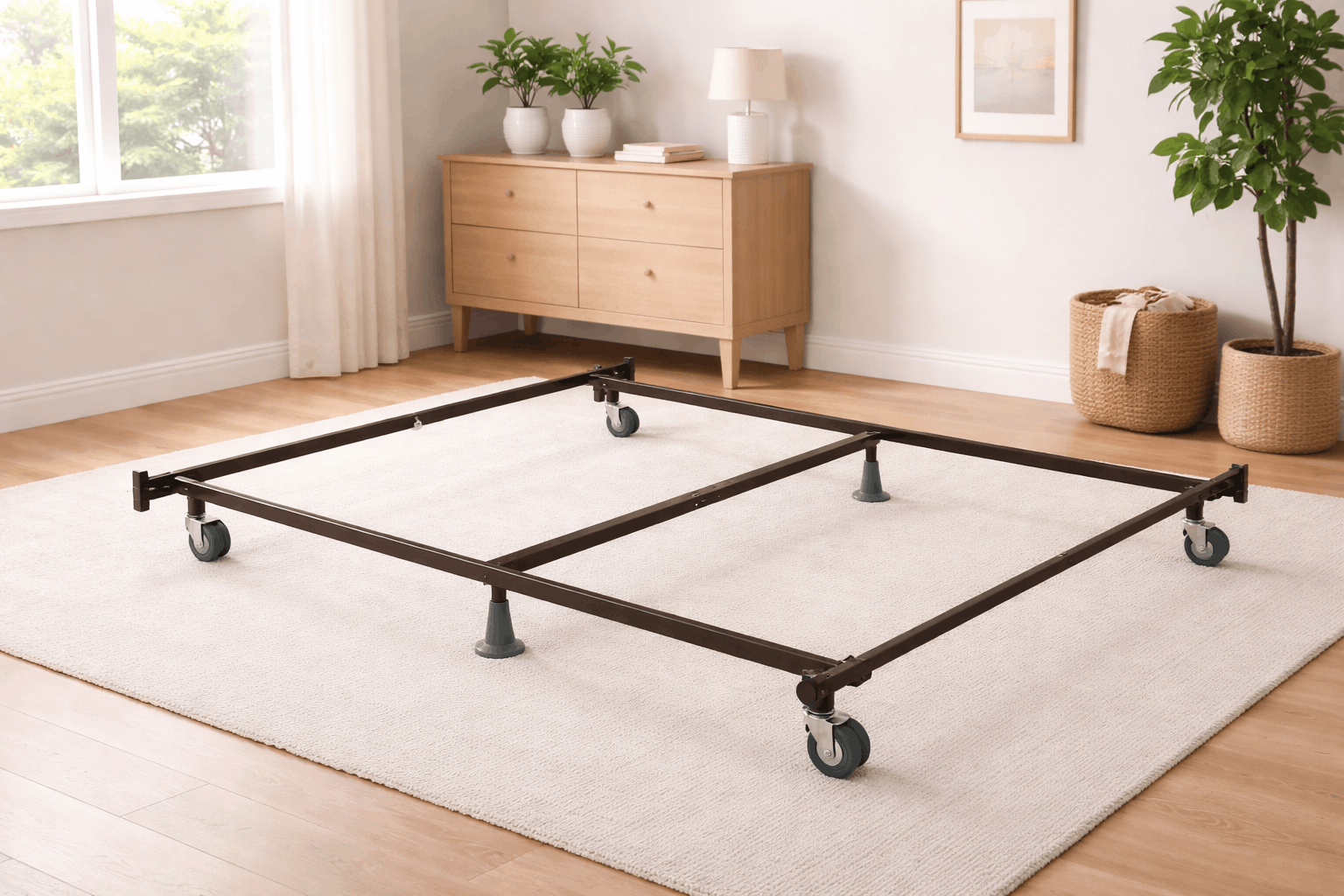 Black metal bed frame with caster wheels, center support legs, and straight rails in a bright neutral bedroom.