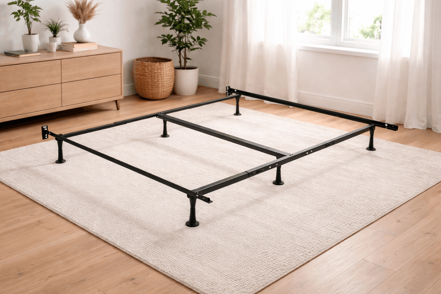 Black metal bed frame foundation with slim rails, center support legs, and mounting brackets in a bright bedroom setting.