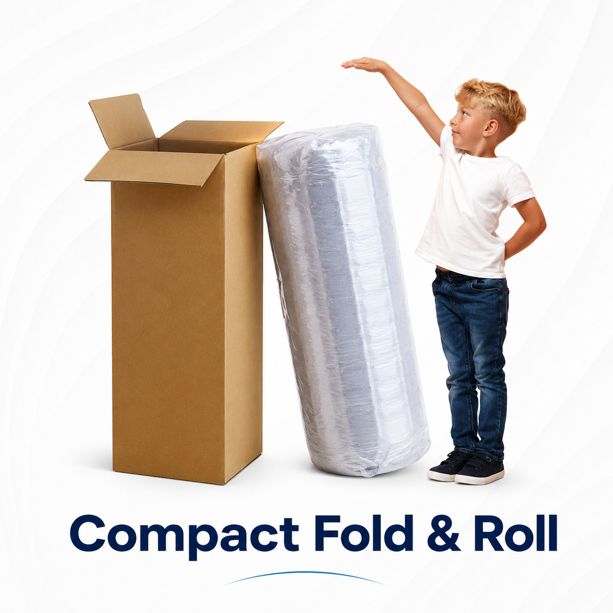 Square product image showing a rolled mattress beside a tall cardboard box and a child measuring its height, highlighting compact fold and roll mattress packaging for easy delivery.