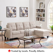 Beige fabric L-shape sectional sofa with reversible chaise and modern tufted design.