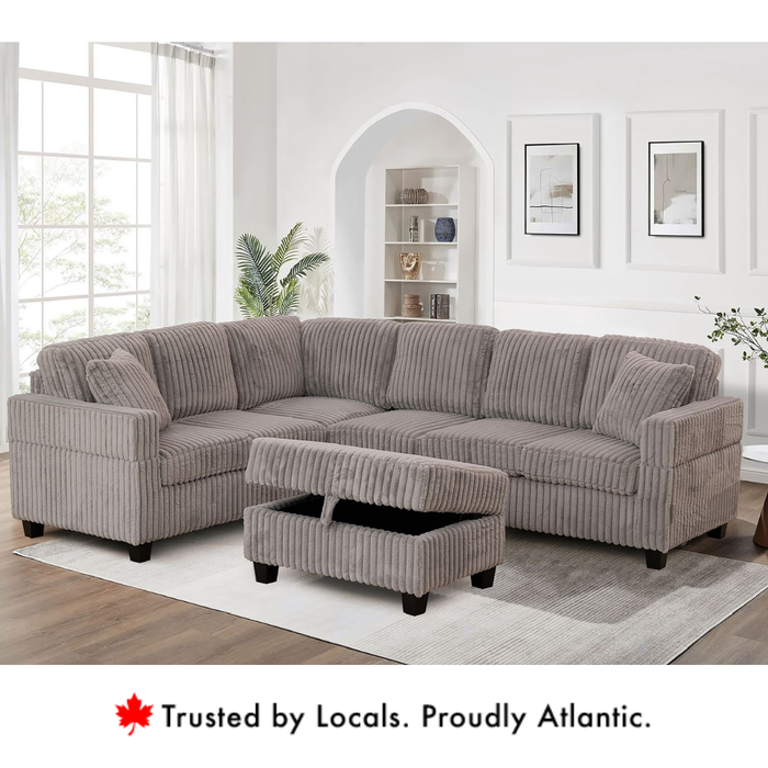 Gillian Grey Corduroy Reversible Sectional Sofa With Ottoman