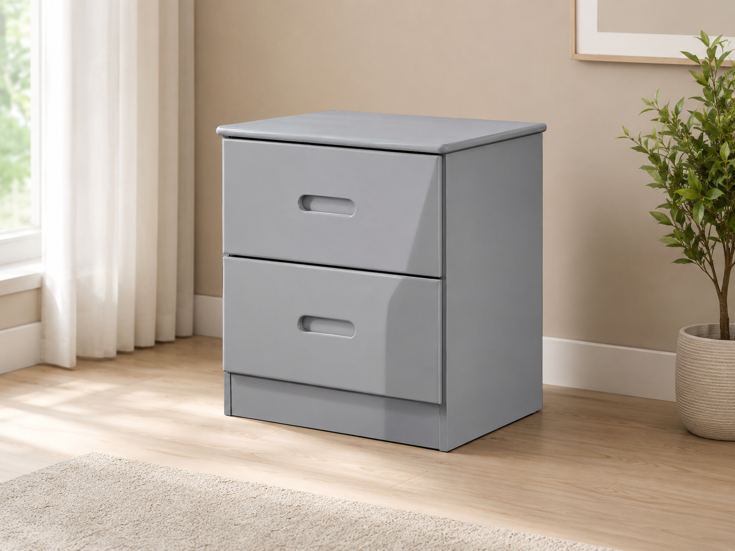 Gray two-drawer nightstand with recessed handles and a smooth modern finish in a neutral bedroom setting.