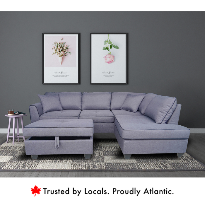 Jupiter Grey Fabric Sectional Sofa with Ottoman (Reversible)