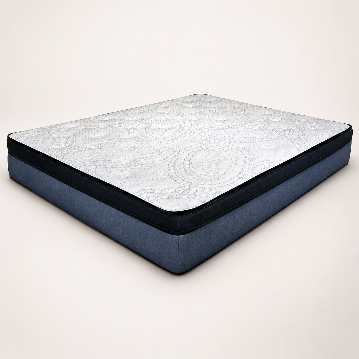 Luxury blue and white mattress with plush quilted top, black trim, and clean studio background.