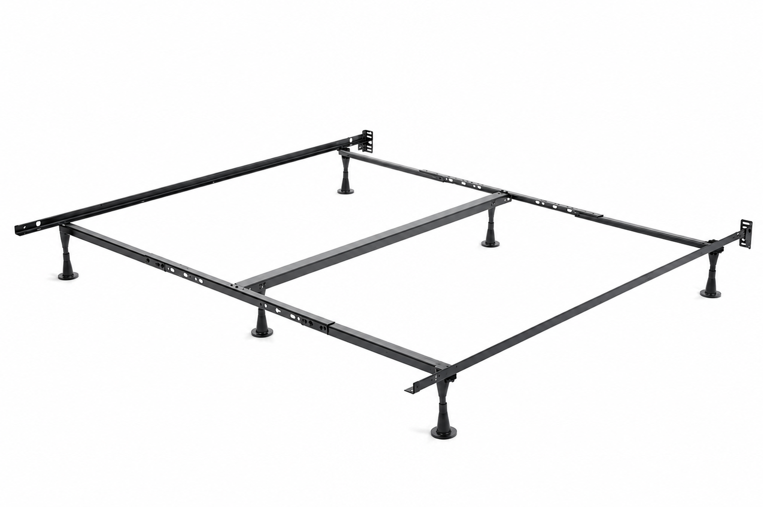 Black metal bed frame foundation with straight rails, support legs, mounting brackets, and adjustment holes on a white background.