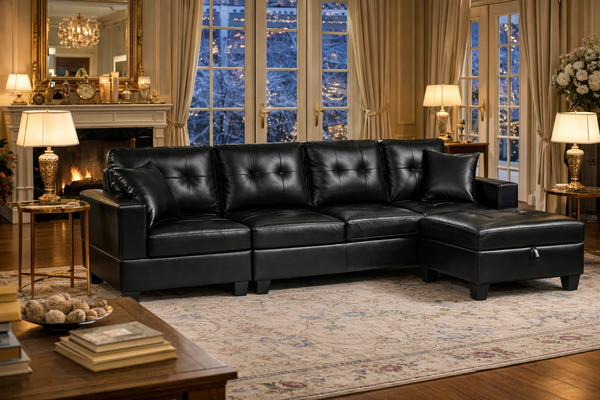 Queens Black PU Leather Sectional Sofa Tufted L-Shape Couch with Storage Chaise - Side View