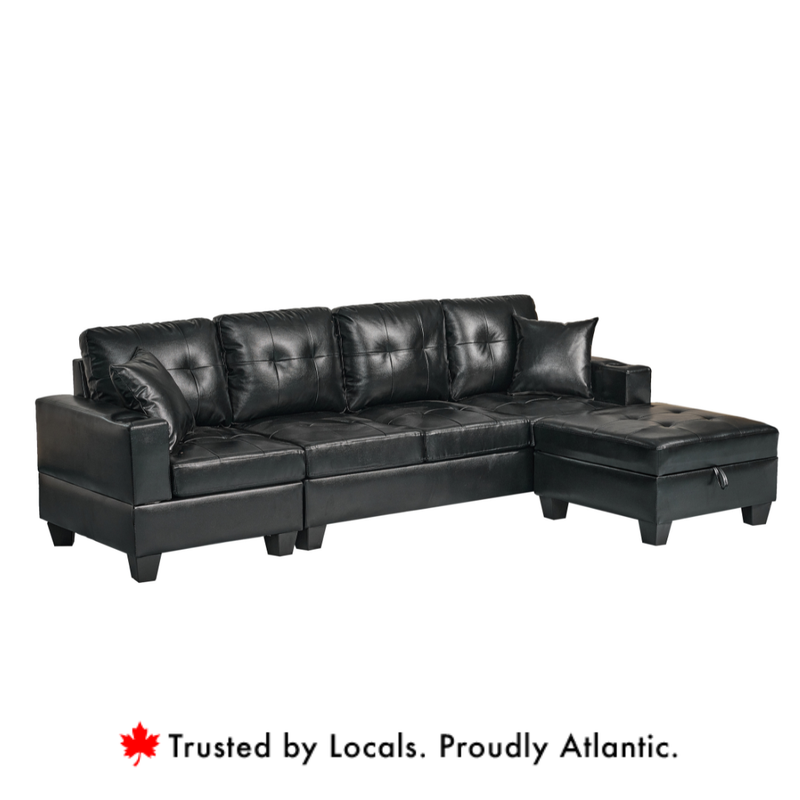 Queens Black PU Leather Sectional Sofa Tufted L-Shape Couch with Storage Chaise