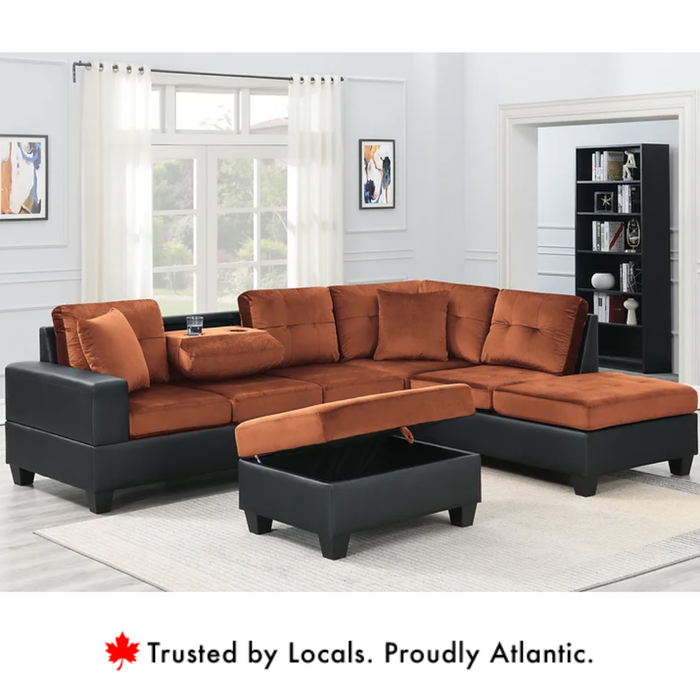 Roma Light Brown Velvet Sectional Sofa with Storage Ottoman Reversible
