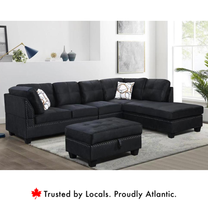 Snow Black Suede Leather Sectional Sofa with Ottoman (Reversible)