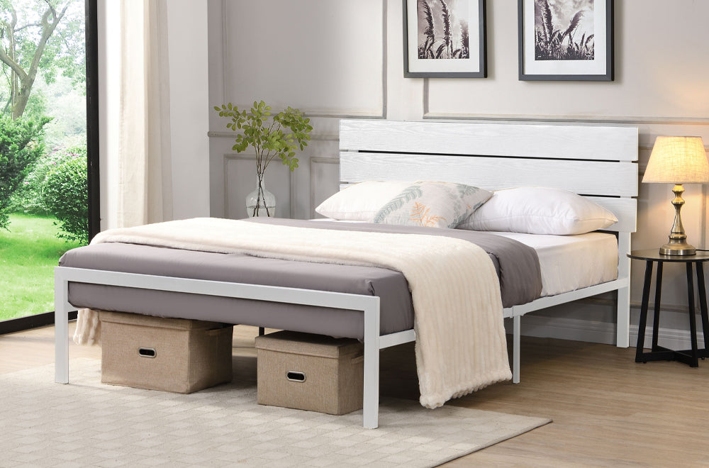 Armdale Metal Platform Bed - Black Metal, White Metal, Black Leatherette or White Leatherette