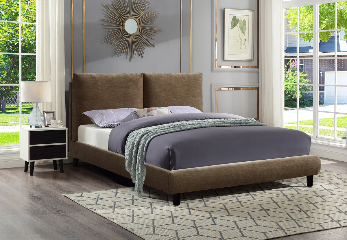 Bronze Cunard Platform Bed from side corner with textured fabric, purple and white bedding, and bright windows