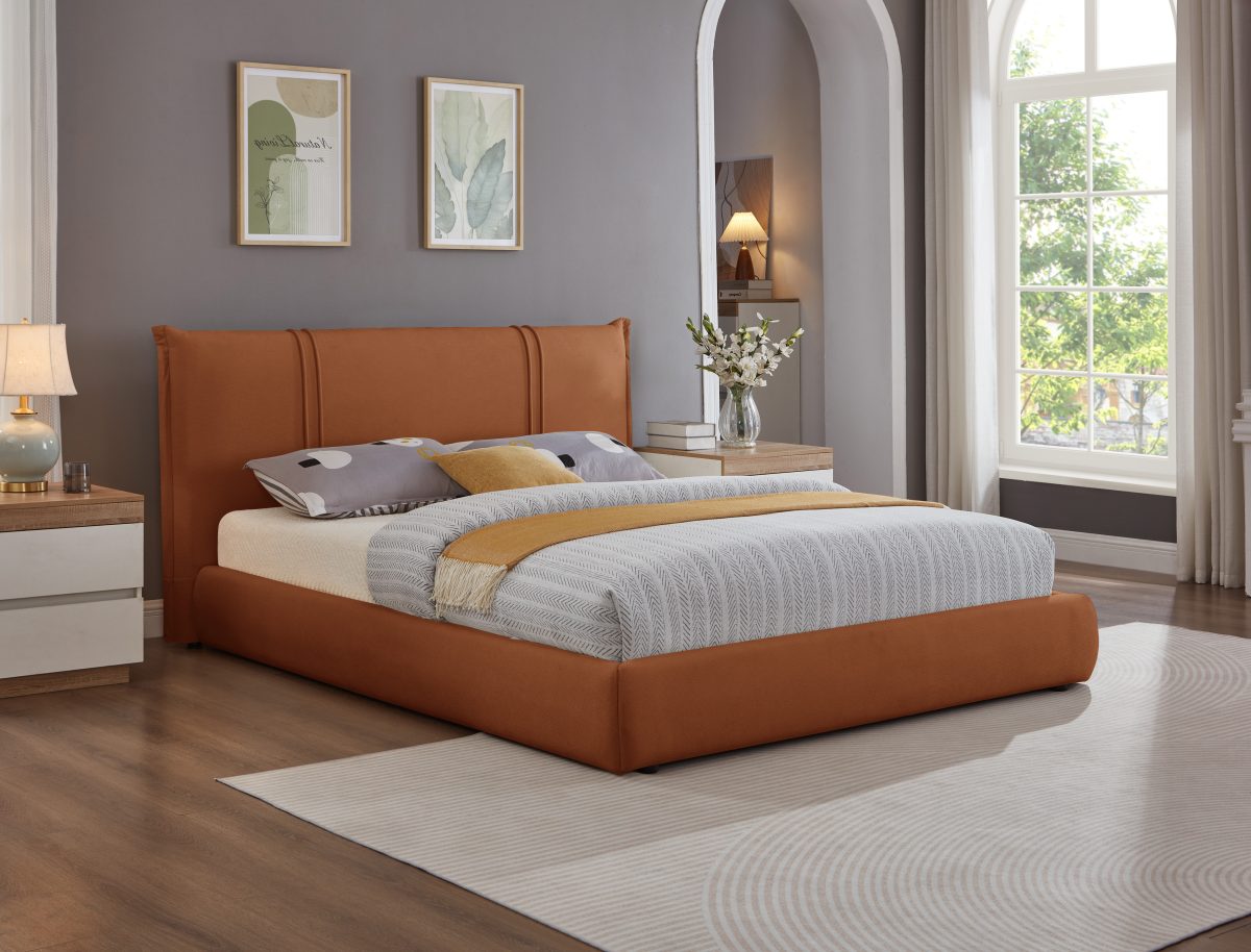 Cornwallis Platform Bed in auburn fabric shown from side with gray walls and wooden floor