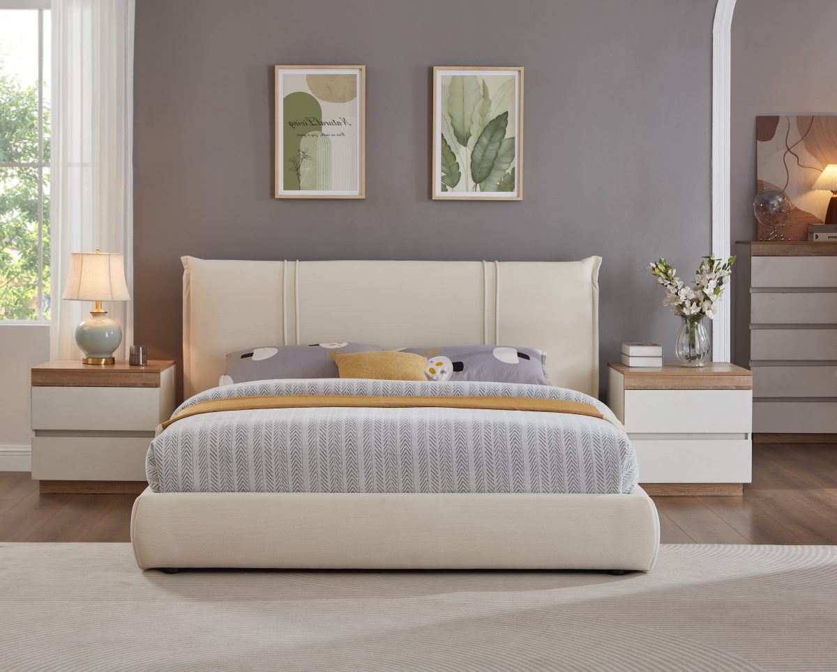 White Cornwallis platform bed centered against a grey wall with two nightstands, lamp, and framed art