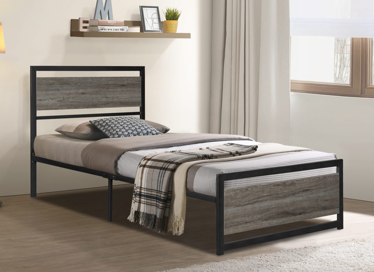 Schmidtville Platform Bed - Distressed Grey Wood Look/Black Metal