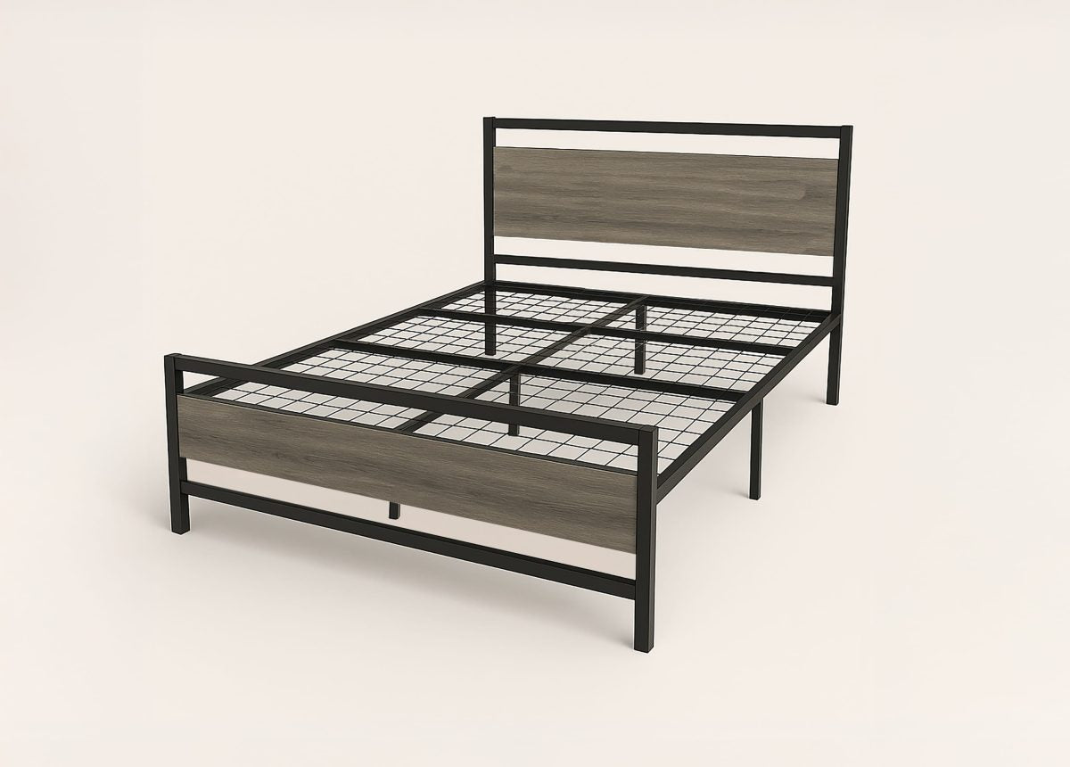 Schmidtville Platform Bed - Distressed Grey Wood Look/Black Metal