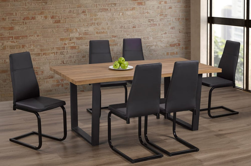 T3350/210 - 7pc Dining Set with Table & 6 Black or Grey Chairs, 71″W, Distressed Oak Veneer Tabletop