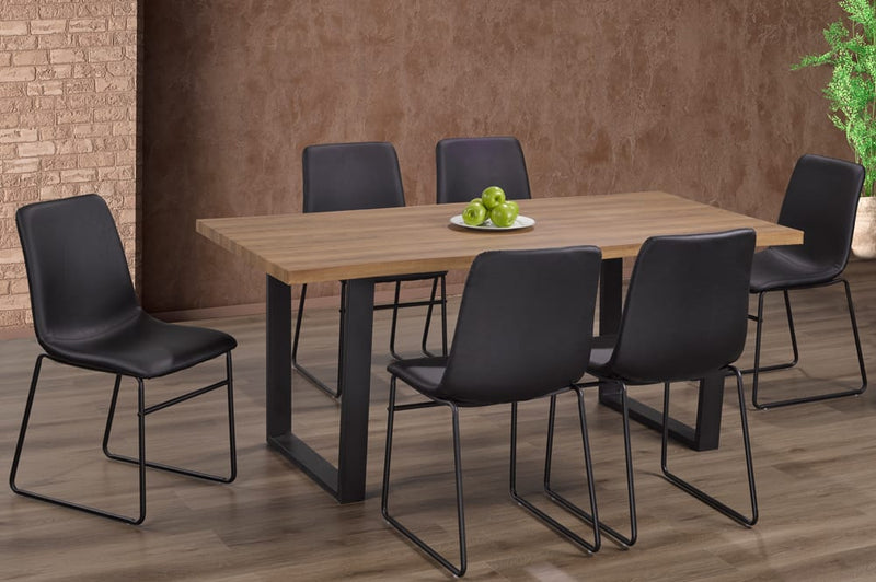 T3350/211 - 7pc Dining Set with Table & 6 Black or Cognac or Grey Chairs, 71″W, Distressed Oak Veneer Tabletop