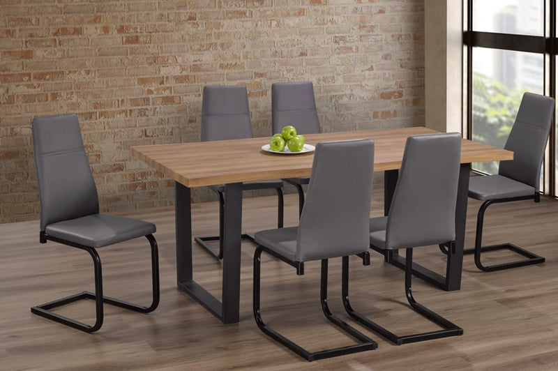 T3350/210 - 7pc Dining Set with Table & 6 Black or Grey Chairs, 71″W, Distressed Oak Veneer Tabletop