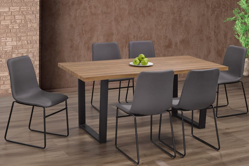 T3350/211 - 7pc Dining Set with Table & 6 Black or Cognac or Grey Chairs, 71″W, Distressed Oak Veneer Tabletop