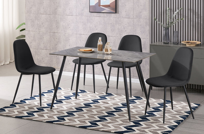 T3528/215 - 5pc Dining Set with Table & 4 Black or Blue or Grey Chairs, 48"W, Grey Marble Finish with Black Finish