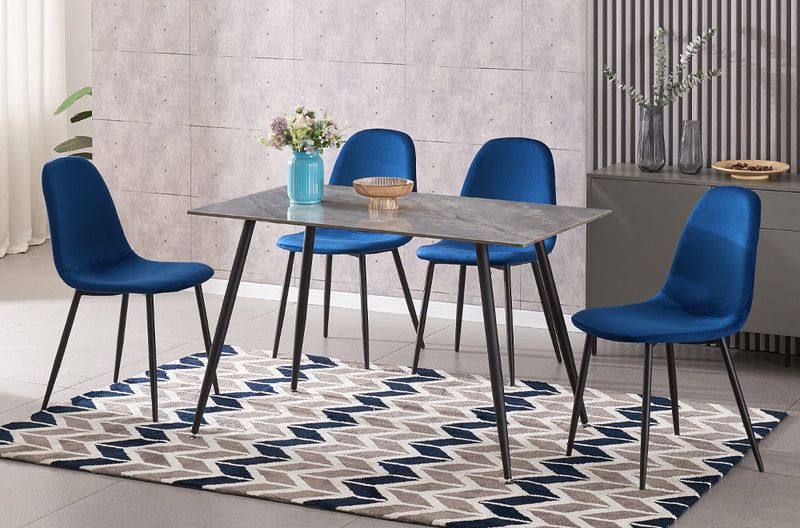 T3528/215 - 5pc Dining Set with Table & 4 Black or Blue or Grey Chairs, 48"W, Grey Marble Finish with Black Finish