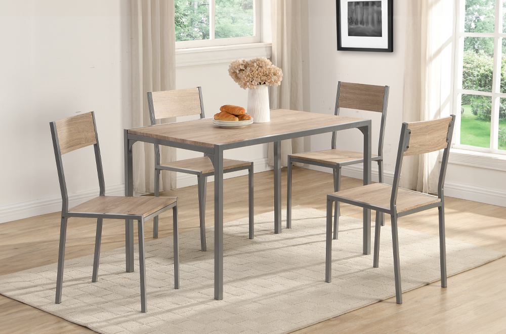5 Piece Dining Set – Grey Metal & Oak Wood Finish