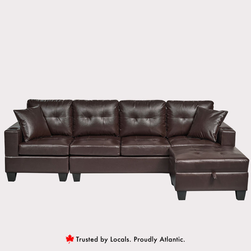 Queens Brown PU Leather Sectional Sofa – Tufted L-Shape Couch with Storage Chaise