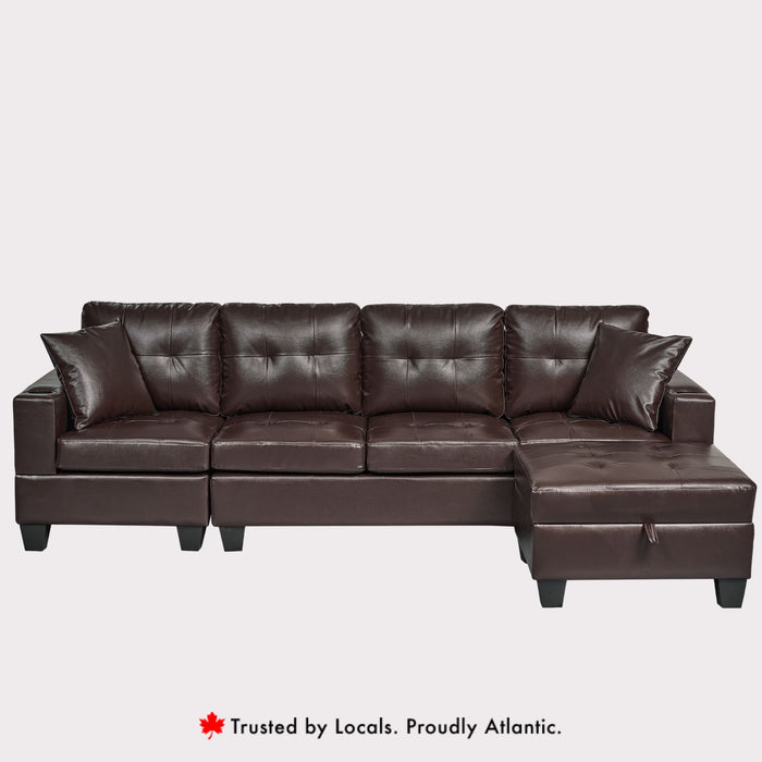 Queens Brown Air Leather Sectional Sofa – Tufted L-Shape Couch with Storage Chaise