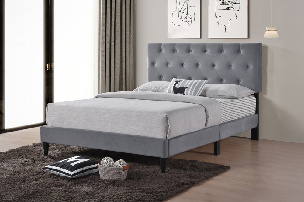Adele Grey Velvet Upholstered Bed - Angled view