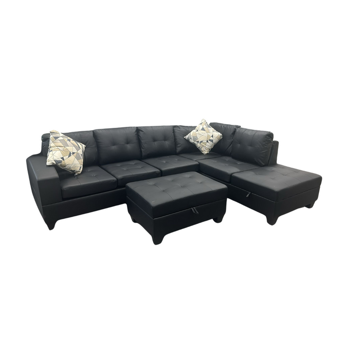 Allen Black PU Sectional Sofa with Ottoman