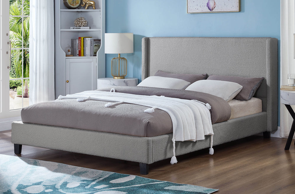 Anya Grey Boucle Wingback Platform Bed - Angled view