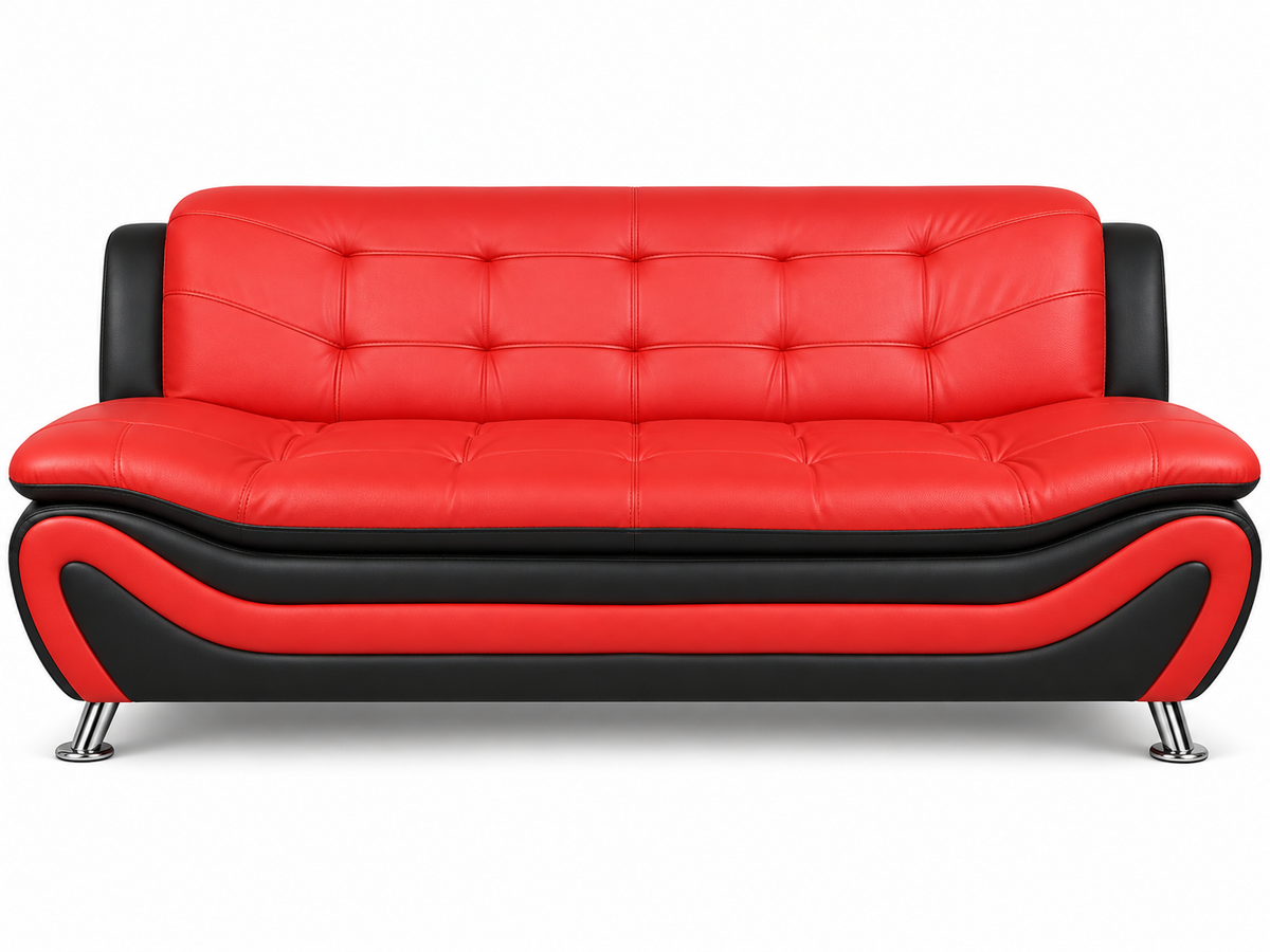 Front view of Auckland 3 piece sofa set showing red cushioned seating with black accents and metal legs