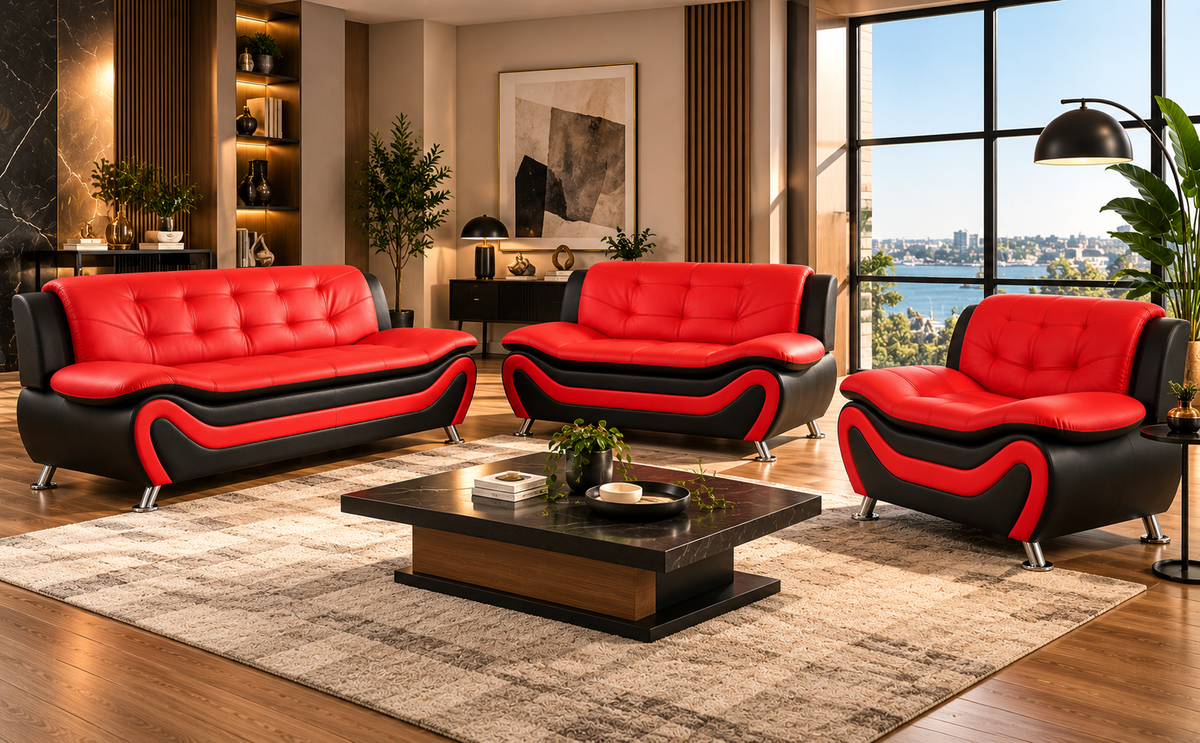 Red and black three-piece sofa set arranged in living room with large window and city view