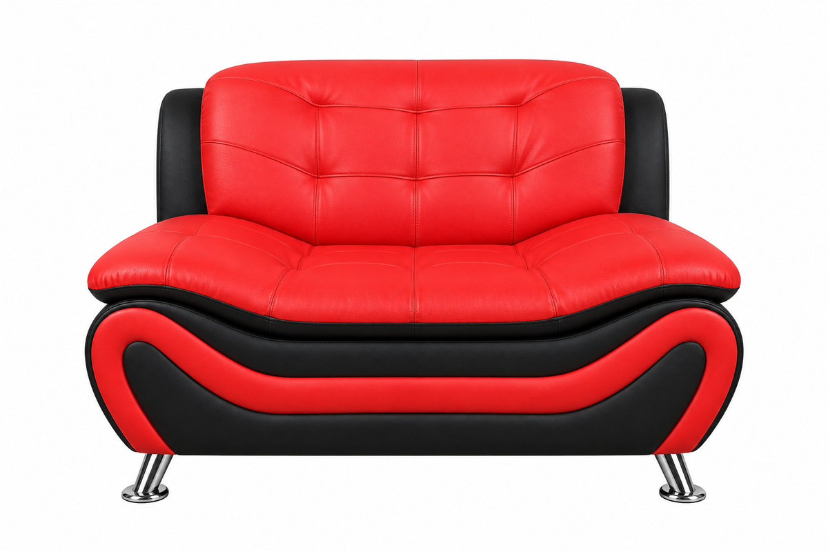 Front-facing view of Auckland sofa showing red cushioned seat and backrest with black leather accents and metal legs