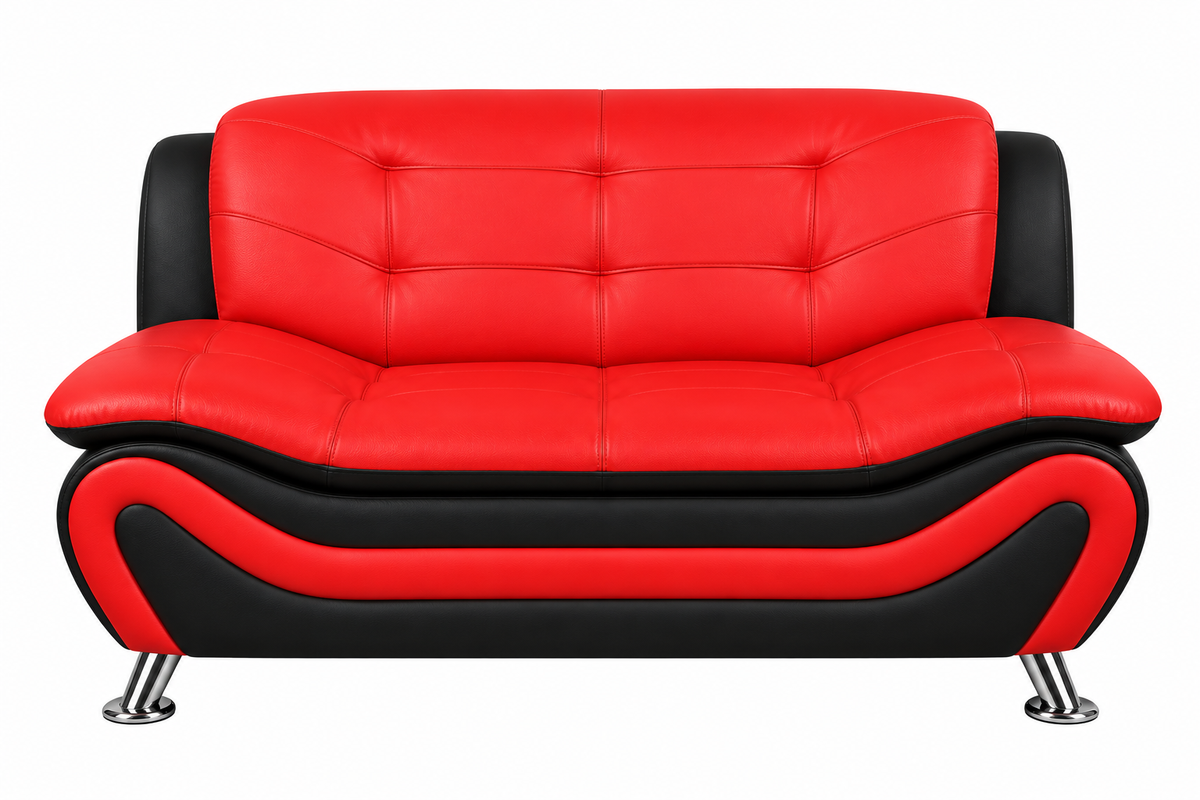 Front-facing view of Auckland sofa with red cushioned seat and backrest, black sides and base, chrome legs