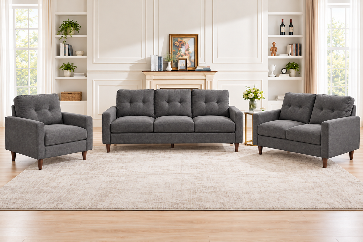 Front view of the Bella dark grey 3-piece sofa set showing the sofa, loveseat and matching armchair.