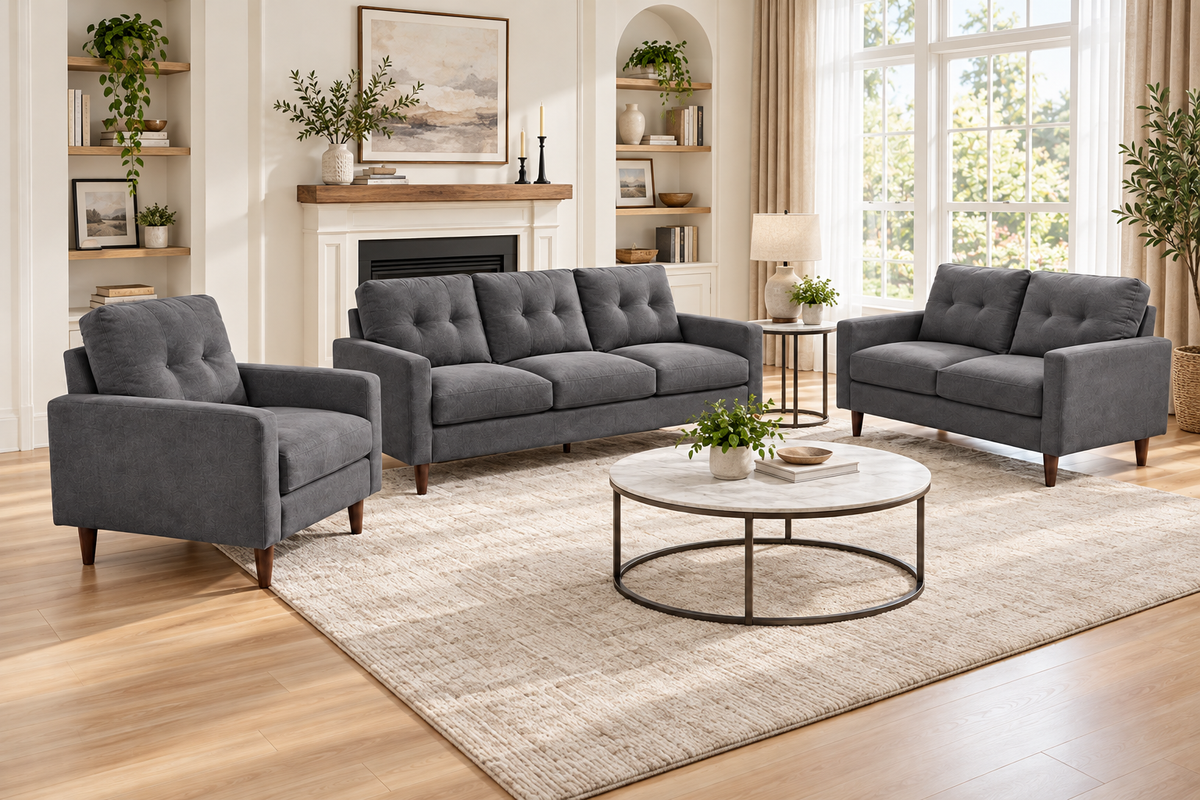 Bella dark grey 3-piece sofa set arranged around a coffee table in a furnished living room.