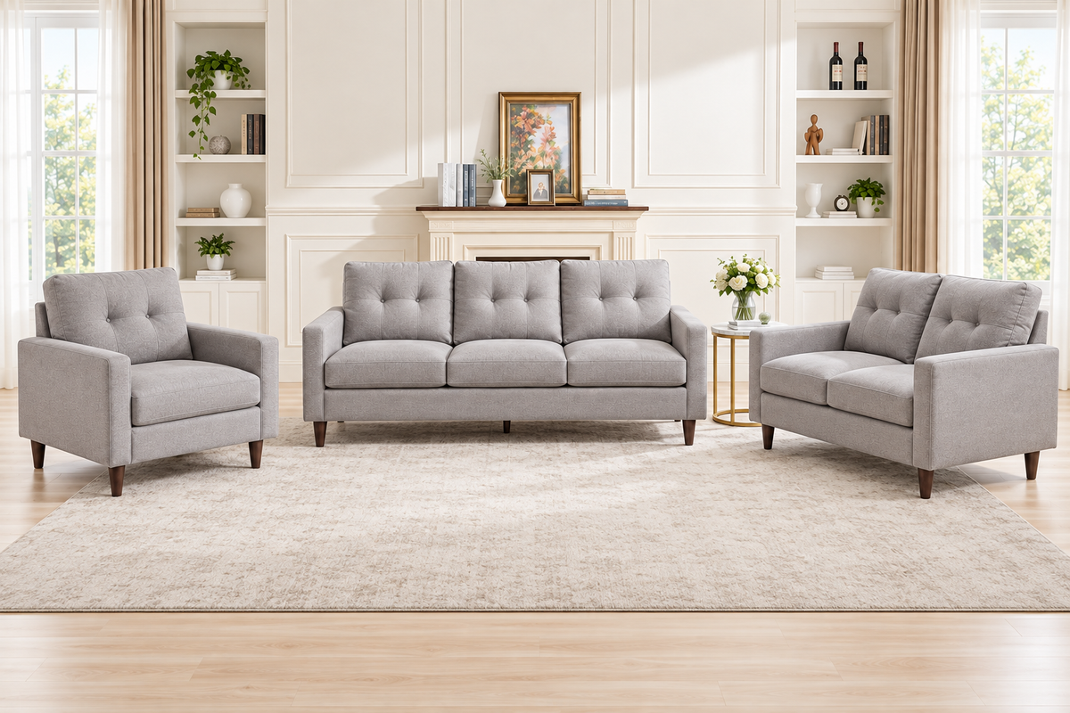 Front view of the Bella light grey 3-piece sofa set showing the sofa, loveseat and matching armchair.