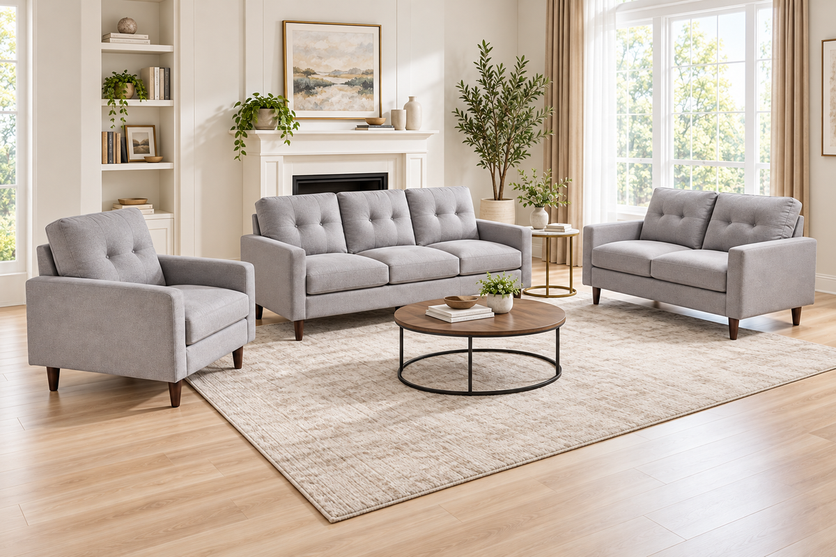 Bella light grey 3-piece sofa set arranged around a coffee table in a furnished living room.