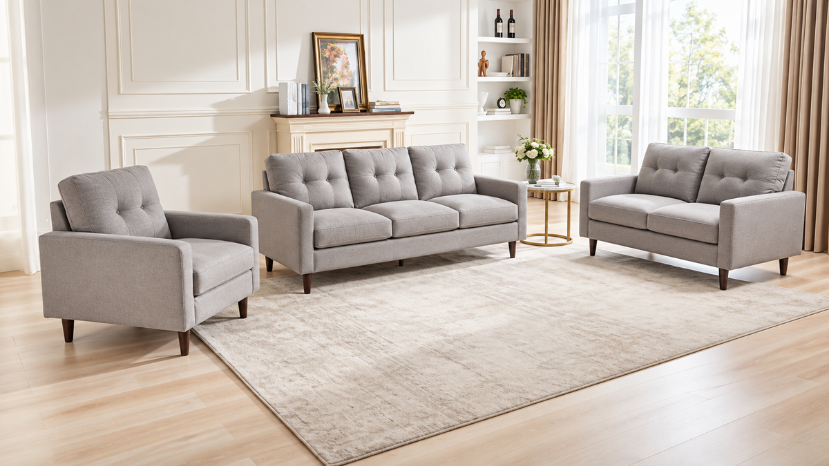 Bella light grey 3-piece sofa set with a sofa, loveseat and armchair, tufted backs and wooden legs in a living room.