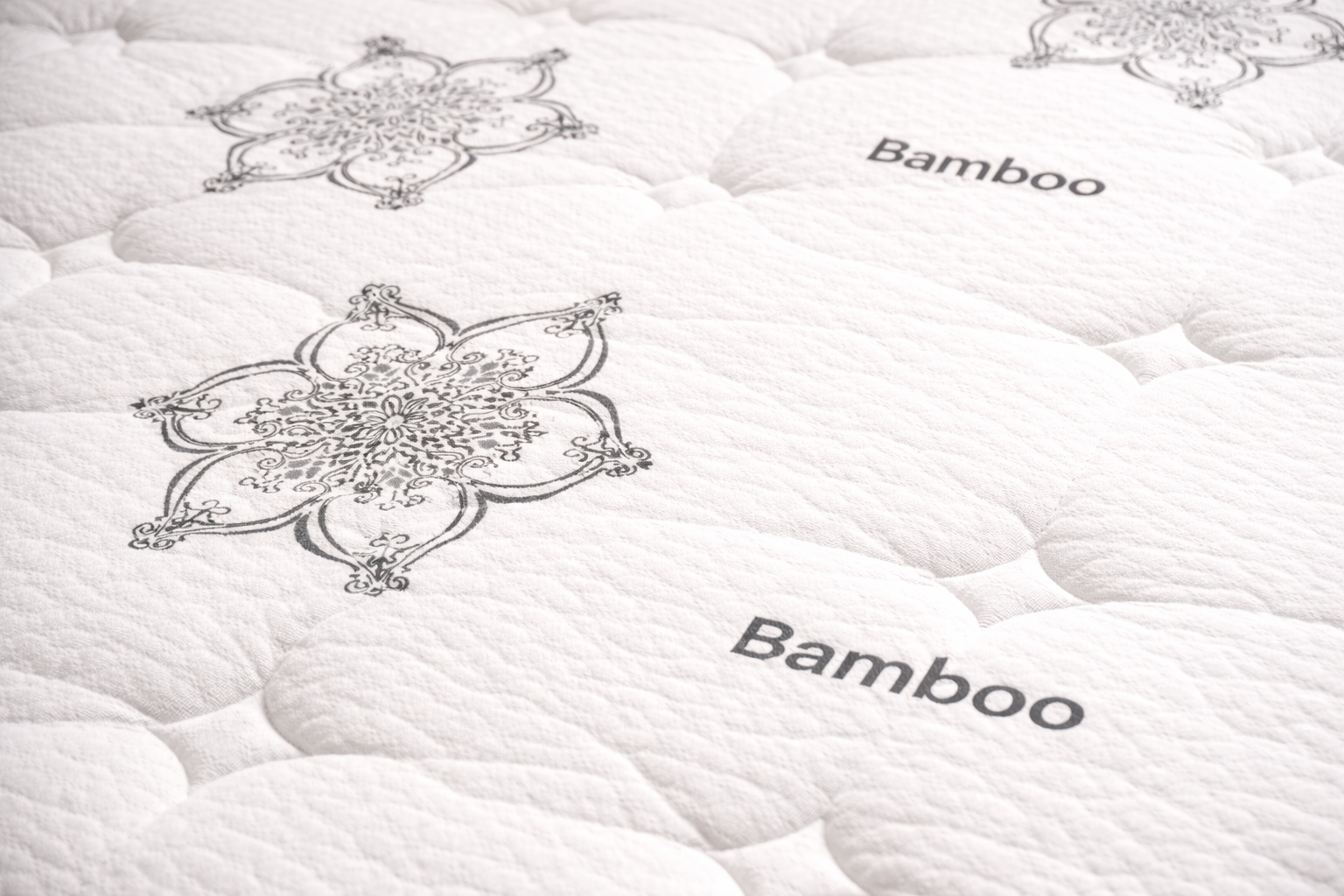 Close-up image of Brilliant Comfort bamboo smooth-top mattress with grey leaf pattern under professional lighting
