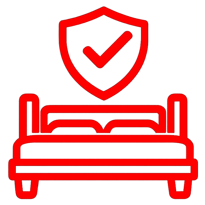 Built to last bed frame icon showing a bed with a shield checkmark for stable support.
