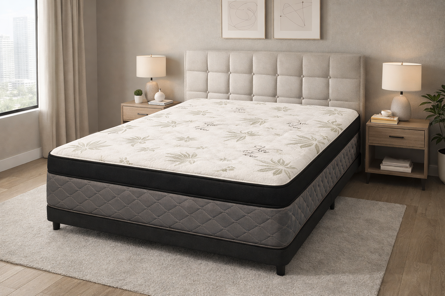 Comfort Best Hybrid Mattress in modern neutral bedroom with upholstered headboard, wood nightstands, soft lighting, and beige decor.
