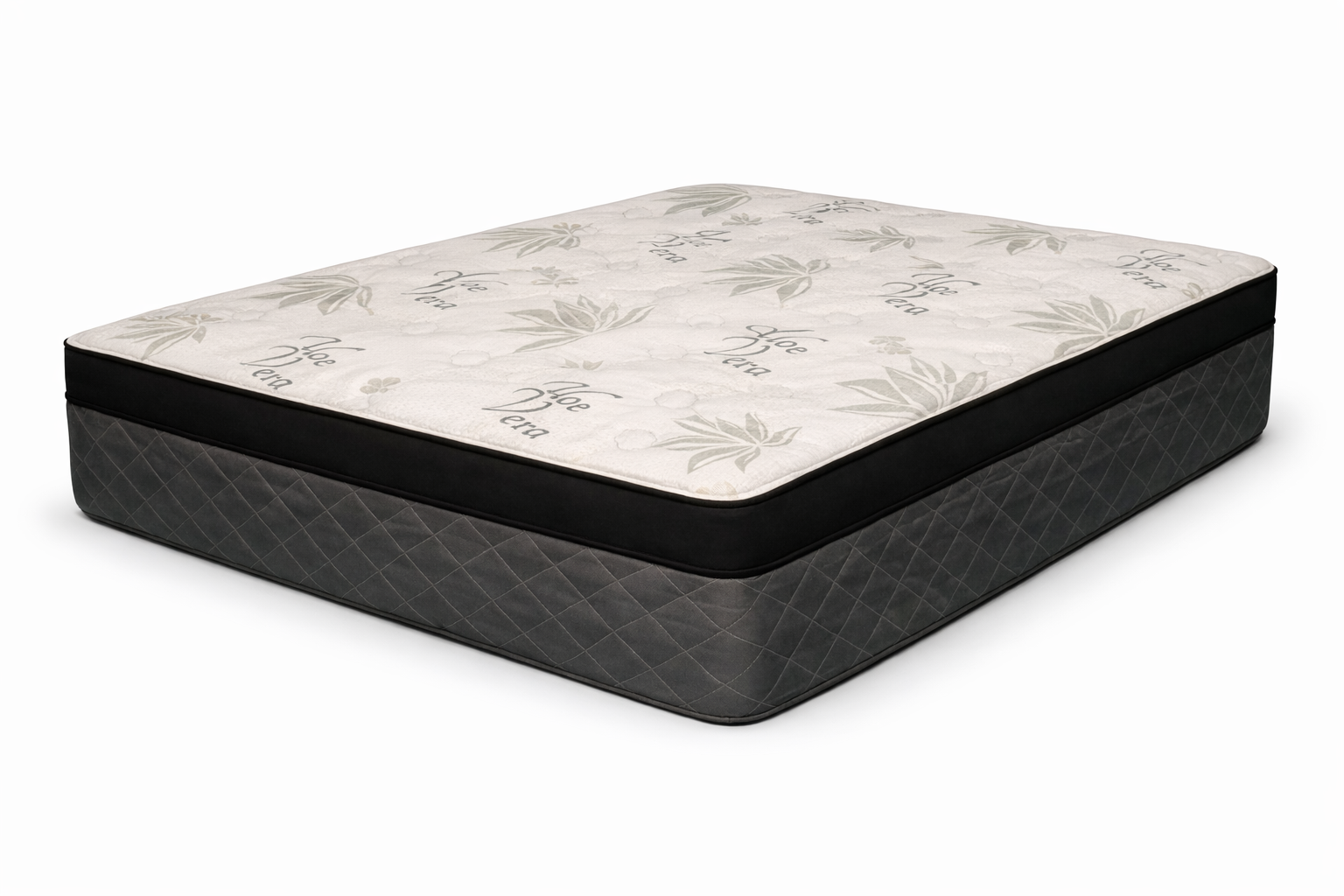 Comfort Best Hybrid Mattress queen size in 3/4 angle view with beige aloe vera euro-top, black piping, and grey diamond quilted base.