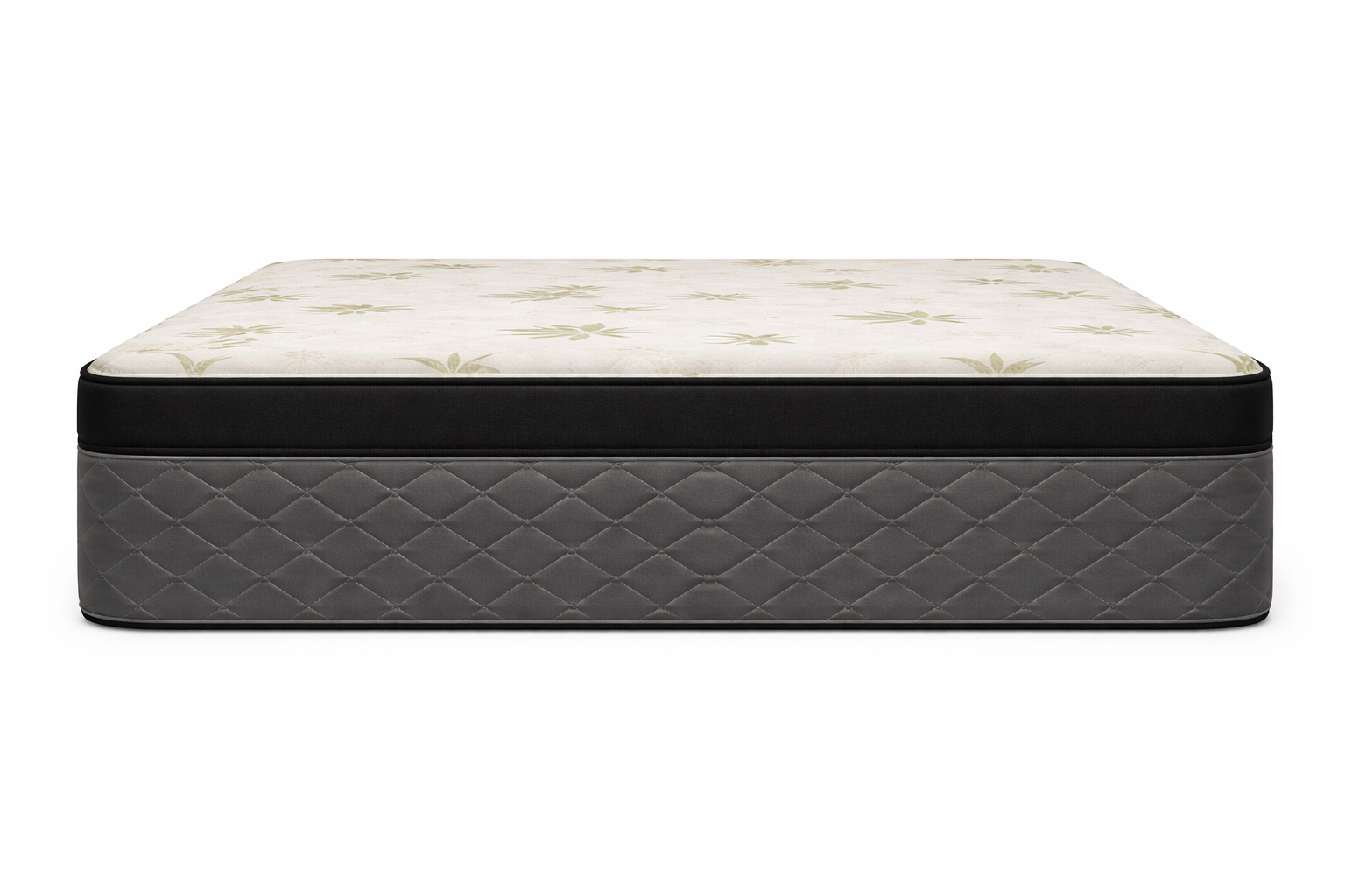 Side profile of Comfort Best Hybrid Mattress showing full thickness, beige aloe vera euro-top edge with black piping, and grey diamond quilted base.