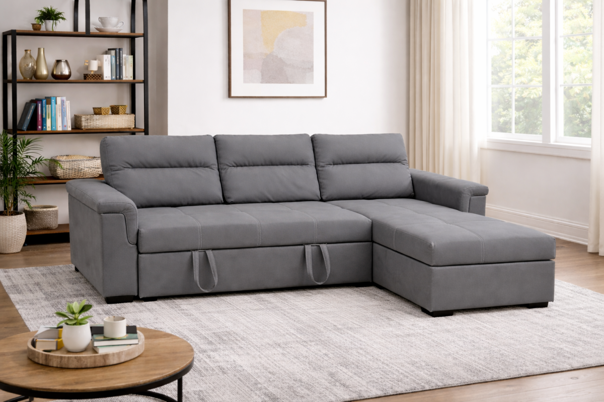 Corbin pull out sectional grey chaise sofa with storage Halifax NS furniture store