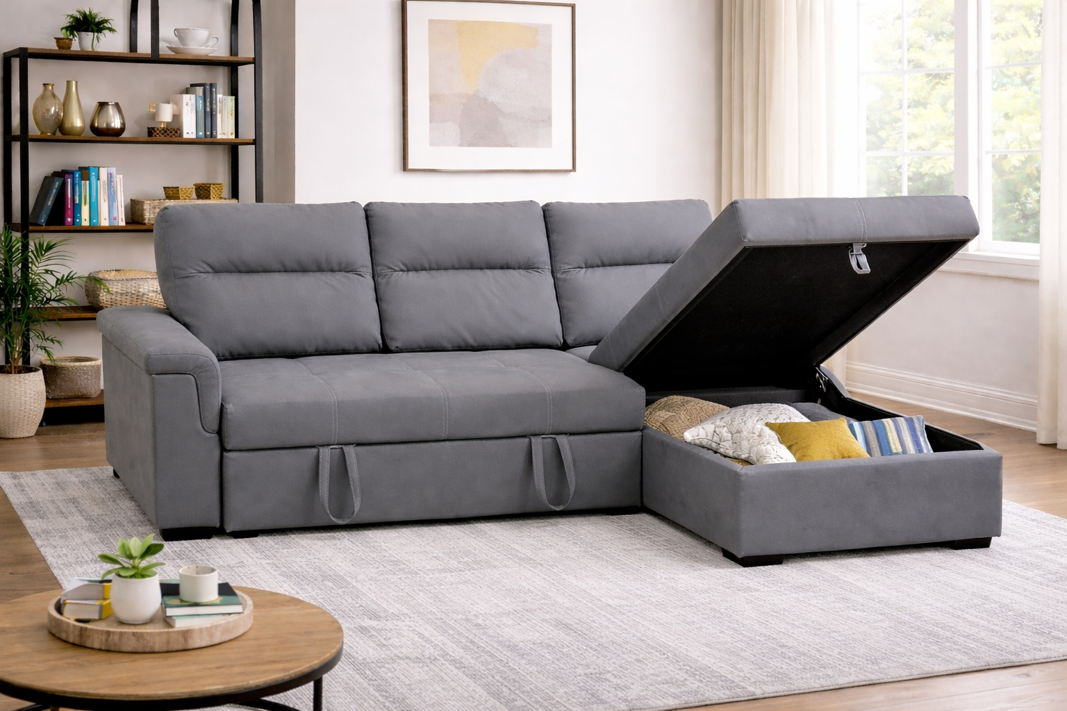 Corbin grey sectional with pull out bed and chaise storage open Halifax furniture store