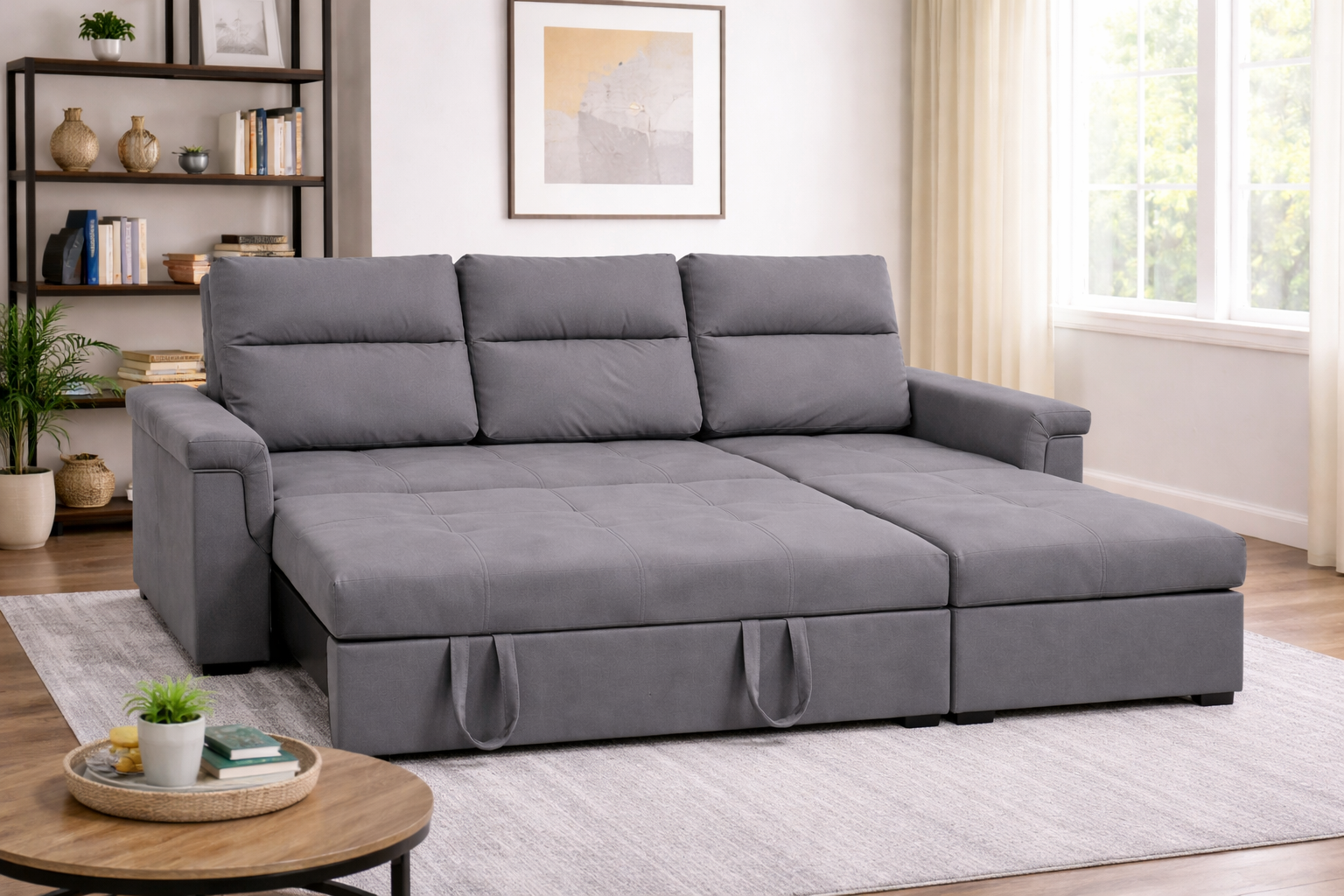 Corbin grey air suede pull out sectional sofa bed with chaise Halifax NS furniture store