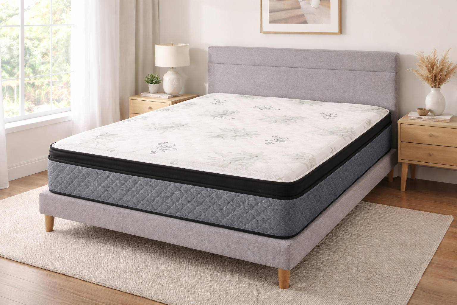 Elite Gel Foam Pillow Top mattress with aloe vera fabric on modern bed in bright bedroom