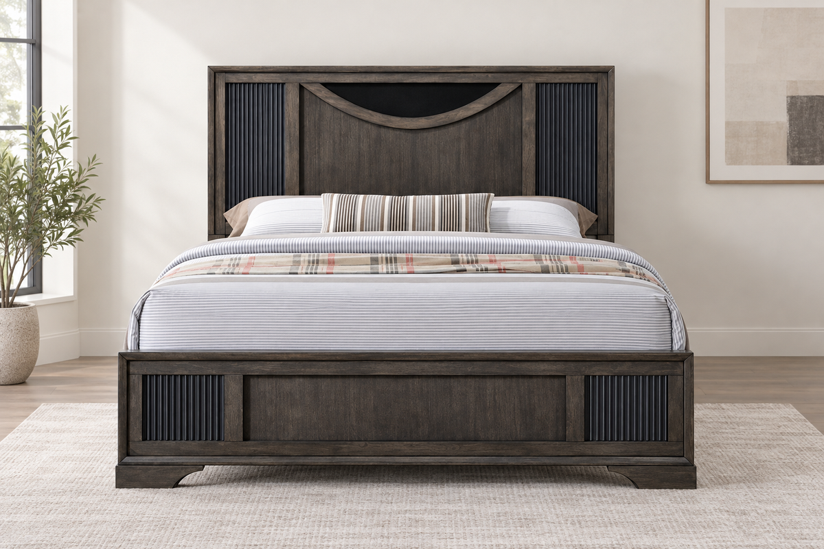 Ernest warm grey bed frame, staged with bedding; mattress and bedding not included